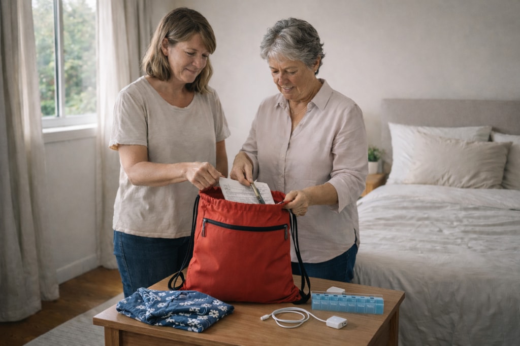 Packing personal essentials into the bag